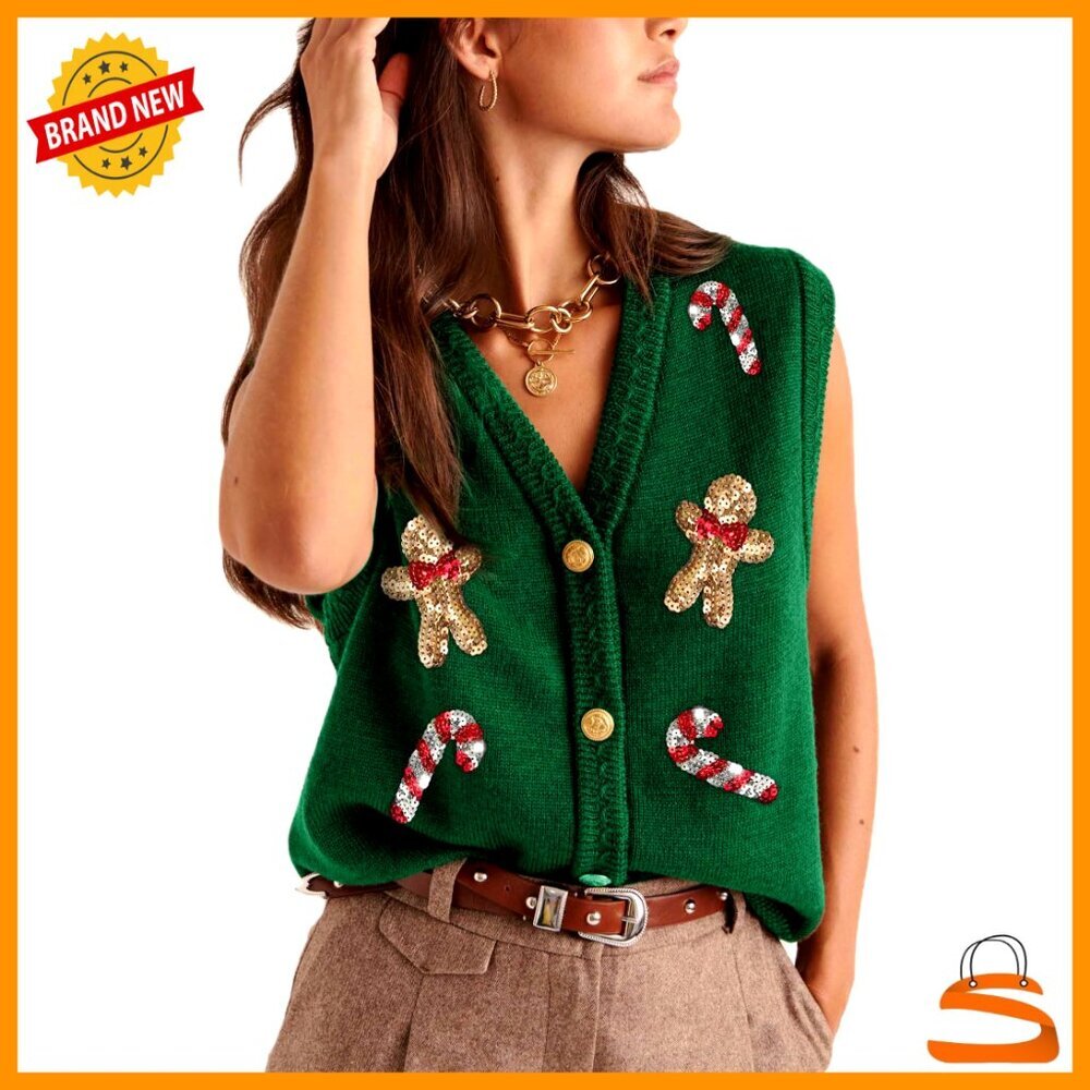 Christmas Sweater Vest Embroidered Button Front Sequin Knit Top